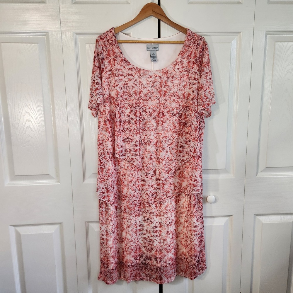 Catherines Red White Medallion Tiered Mesh Dress Plus 0X 14/16W Short Sleeve
